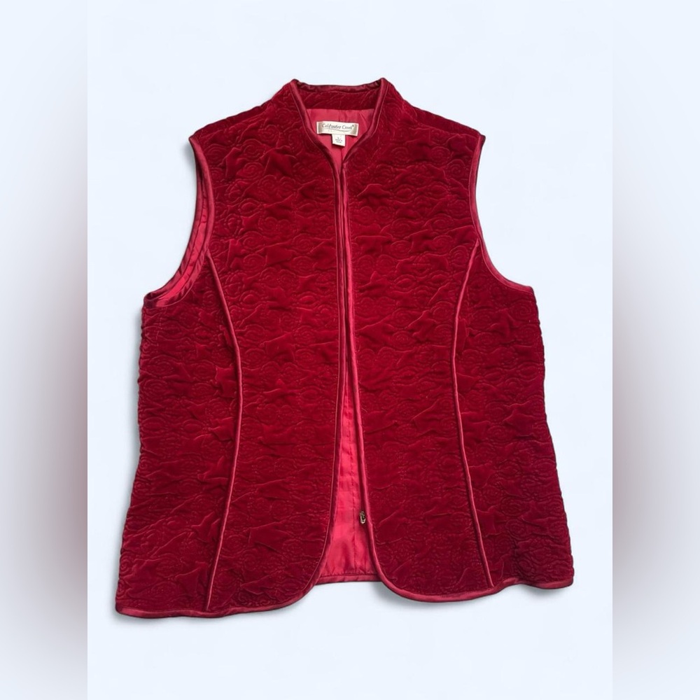 Vintage red velvet‎ vest quilted floral embroidery by Coldwater Creek size L